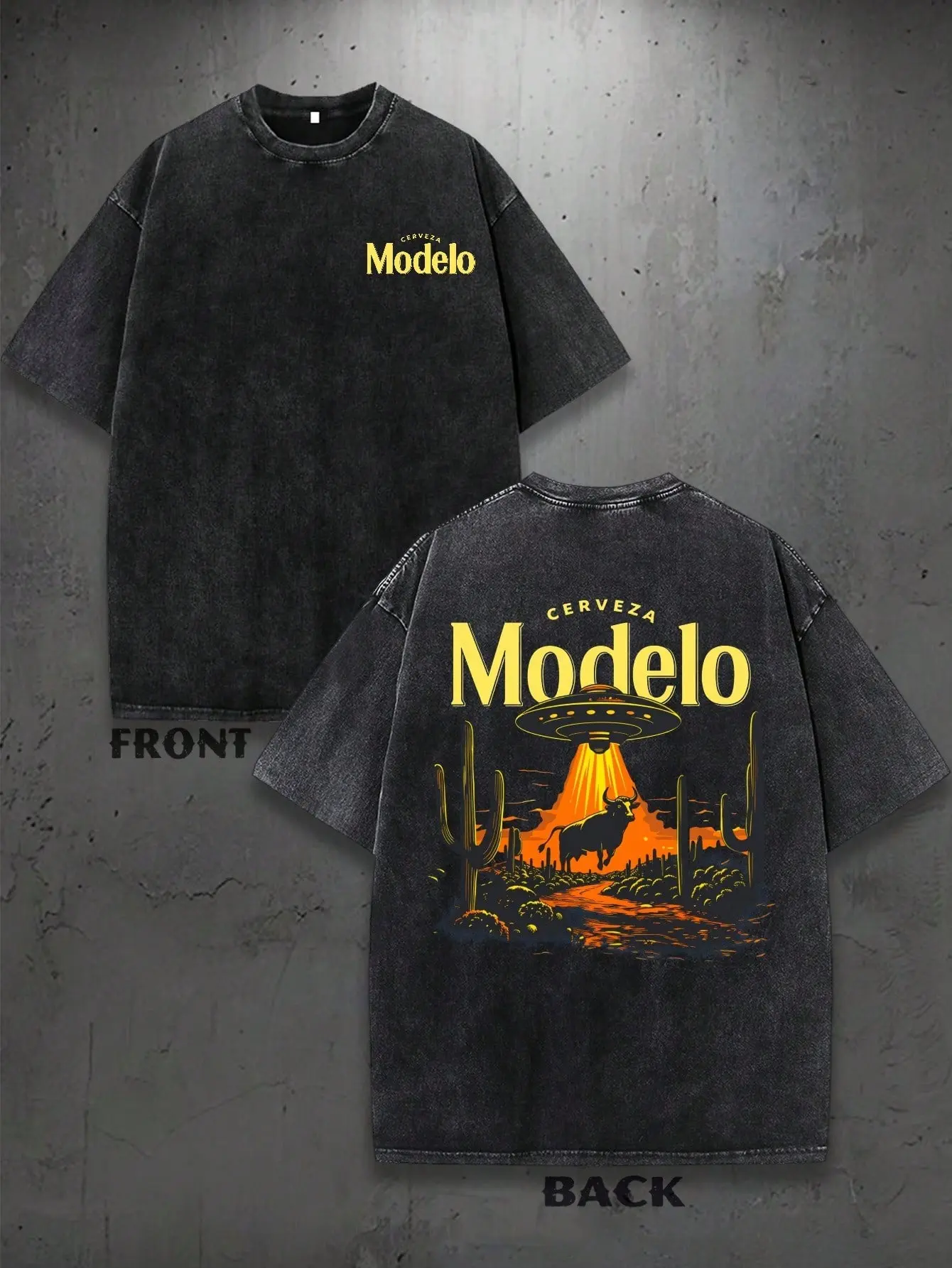 Men's Casual Streetwear Washed Short-Sleeve T-Shirt Top - American Retro Cerveza Modelo, UFO Light Beam, Suction Highland Cow, Alien Sci-Fi Meme Humorous Western Element Outfit, Shortsleeve
