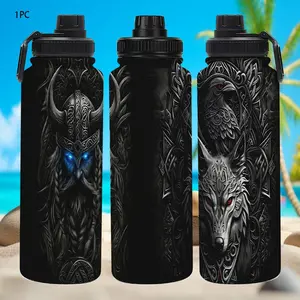 33 Oz Stainless Steel Vacuum Insulated Water Bottle, Viking Mythology Design, Nordic Style Portable Sports Flask, Large Capacity Car Travel Cup