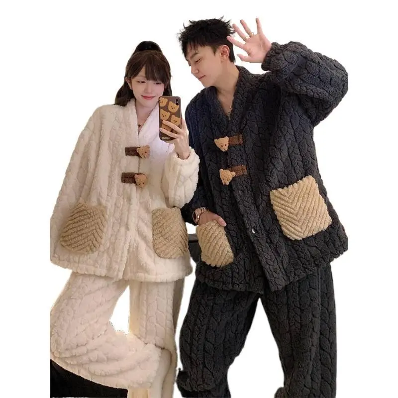 Men's & Lady's Loose Couples Matching Pajama Set - Korean Trend Essential Clothes, Cute Bear Warm Plush Coral Fleece Winter Sleepwear & Loungewear, Women, Fashion, Oversize, Casual, Style, Baggy, Long Sleeve, Oversized, Korean Style, Fabric, Comfortable