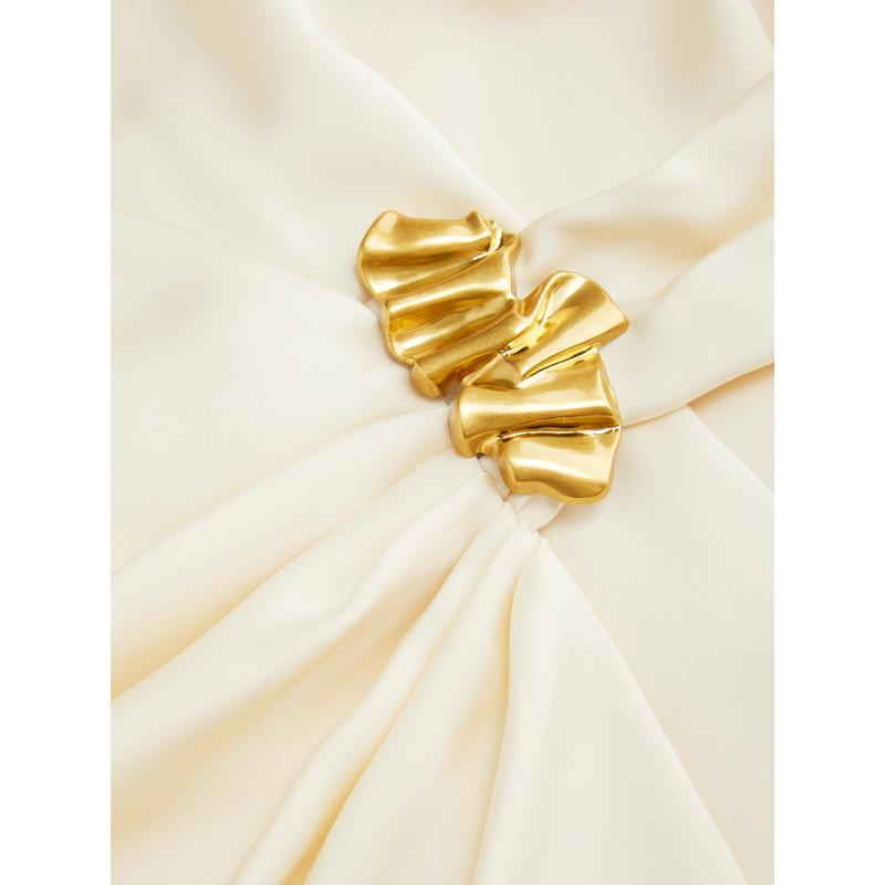 Cider Satin V-neck Long Sleeve Wrap Ruched Metal Detail Blouse