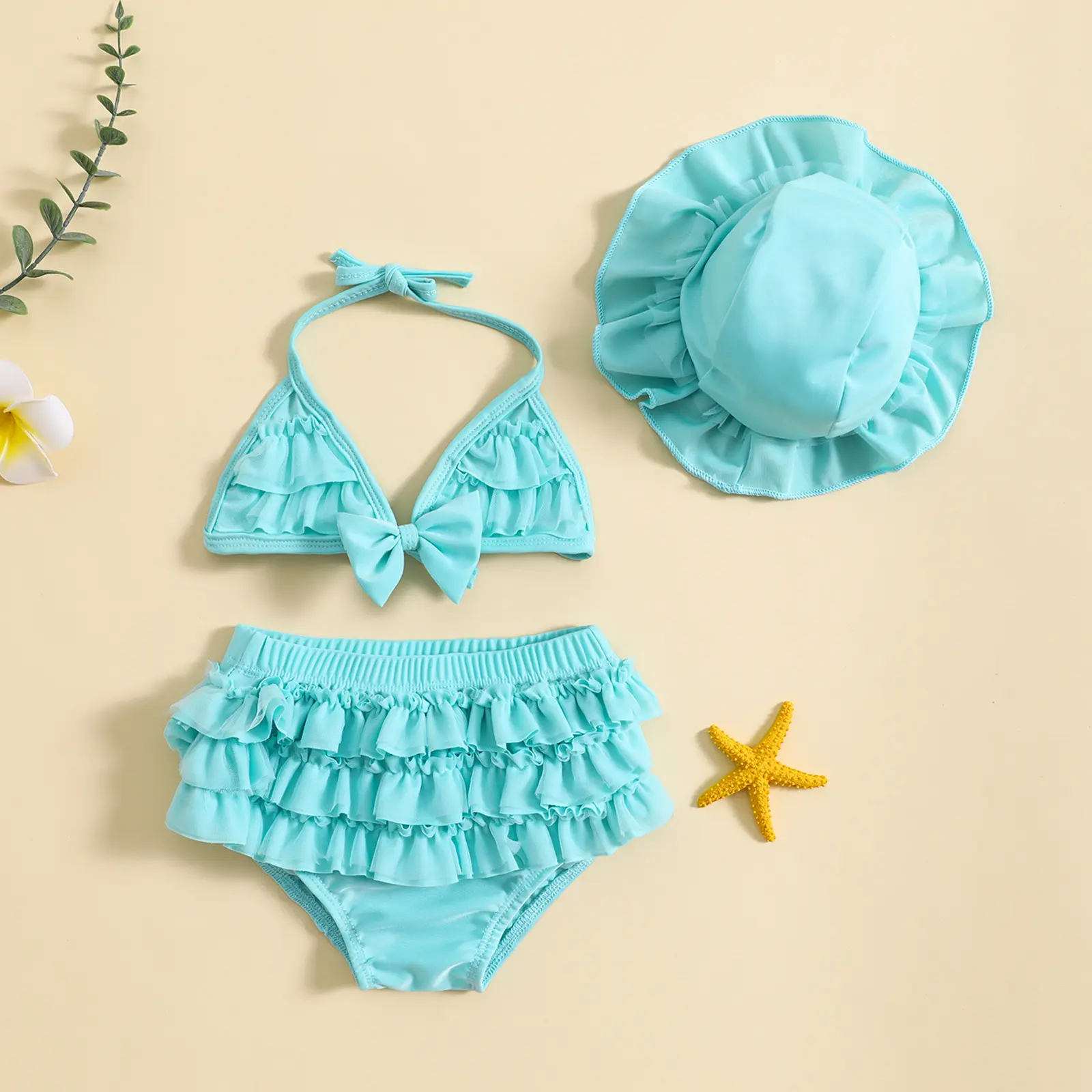 Baby Girl Toddler Summer 2-Piece Swim Kit - Sleeveless Hanging Neck Bow Floral Top, Ruffle Layered Shorts, Matching Hat Beach Swimwear