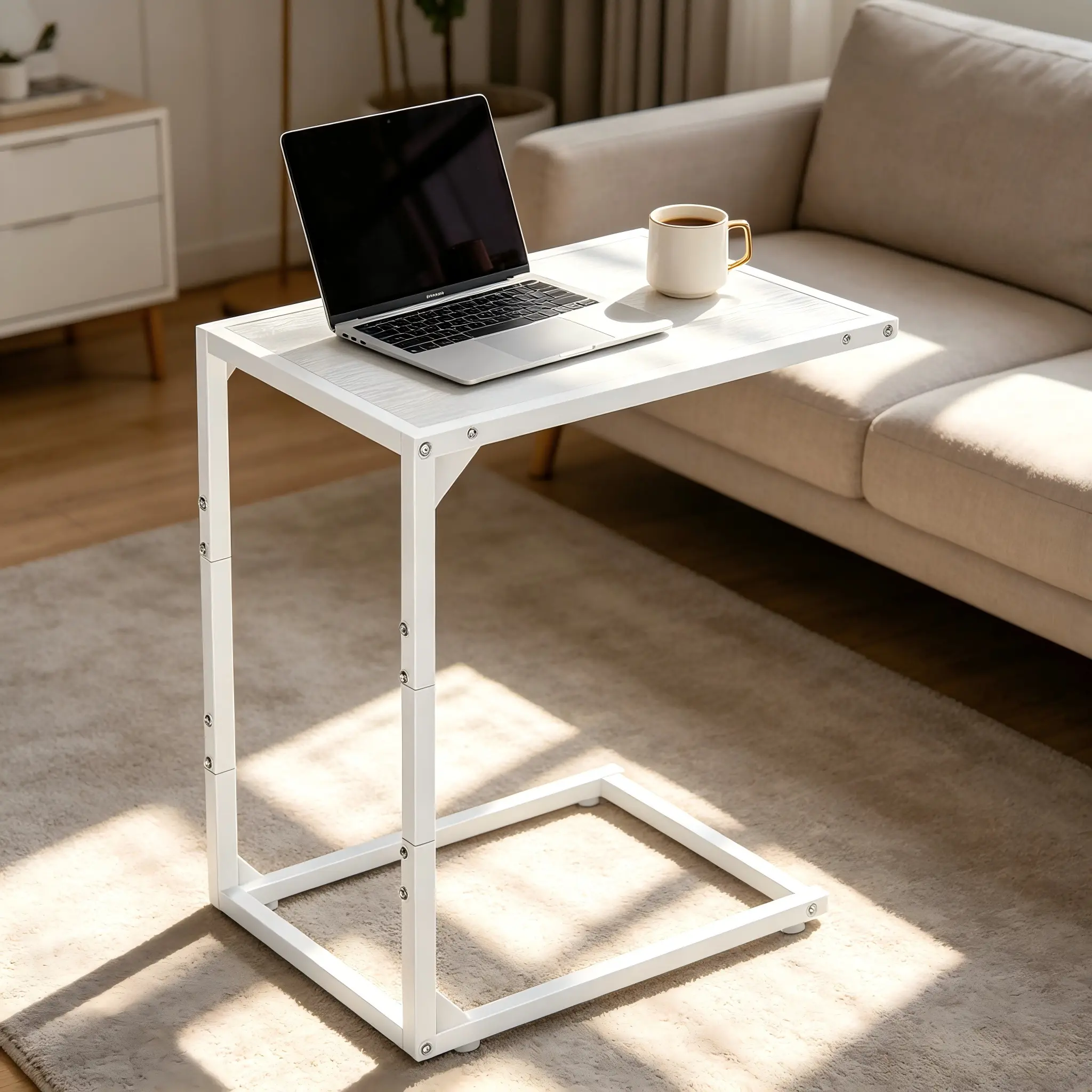 White C Shaped End Table | Slide Under Couch Side Table | TV Tray Snack Table for Living Room Bedroom | Small Space Bedside Table with Metal Frame