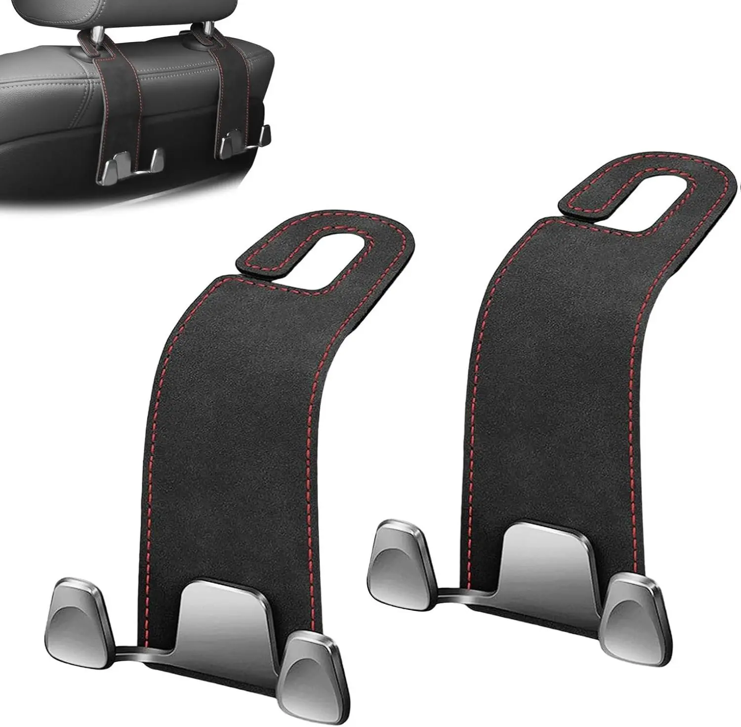2PCS Premium Car Seat Headrest Multi-Use Hooks, Universal Vehicle Stowing & Tidying Hanger Organizer - Black Leather, Double Wide Metal Design, for Purses, Bags, Grocery