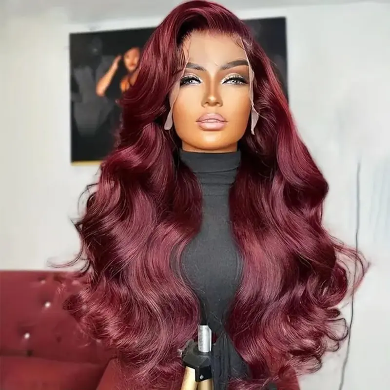 Body Wave 99j Red Lace Frontal Wig Transparent Lace Front Human Hair Wigs Natural Hairline Can Be Restyled For Black Girls 180% Density