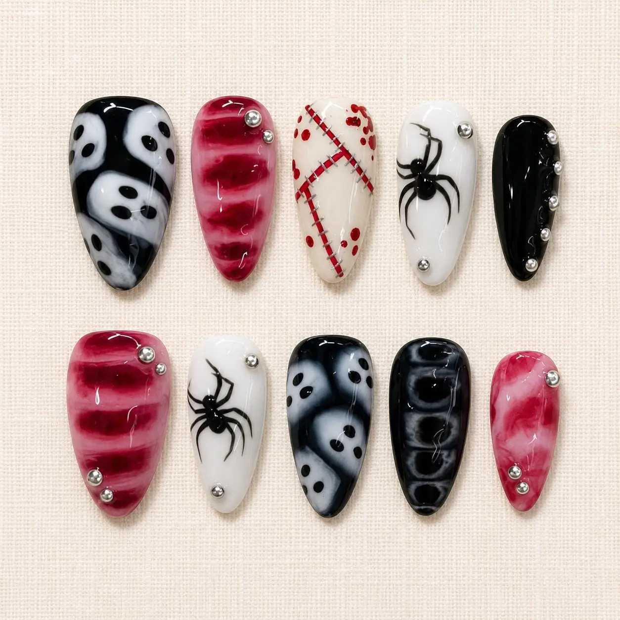 Spooky Gothic Press On Nails | Dark Halloween Nails | Red Marble, Ghost, Spider and Stitched Art | Medium Almond Nails for Halloween Party