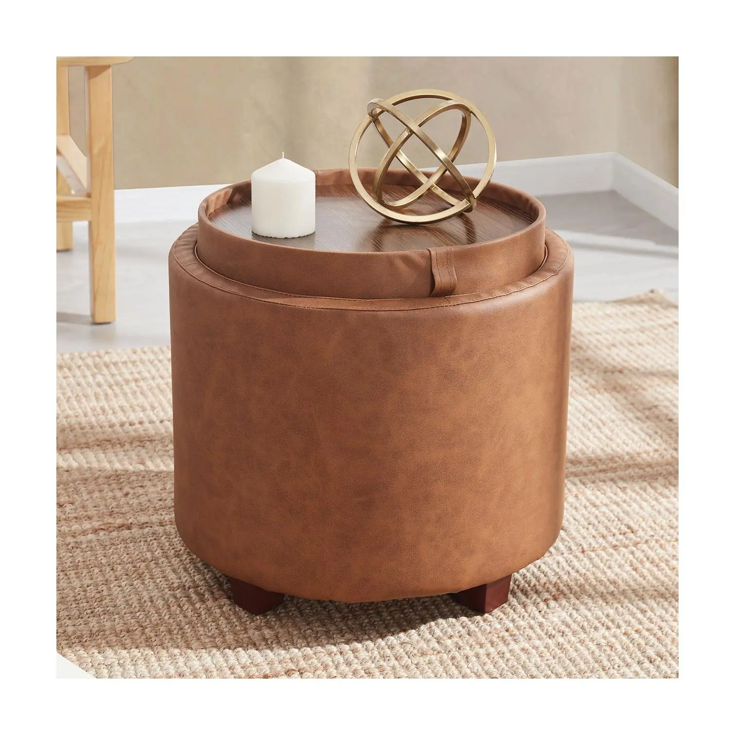 Ornavo Faux Leather Round Storage Ottoman withTray Lid Ornavo Faux Leather Round Storage Ottoman withTray Lid