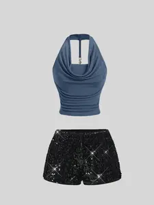 Trendy and sexy halter neck pendant sequined women's shorts set