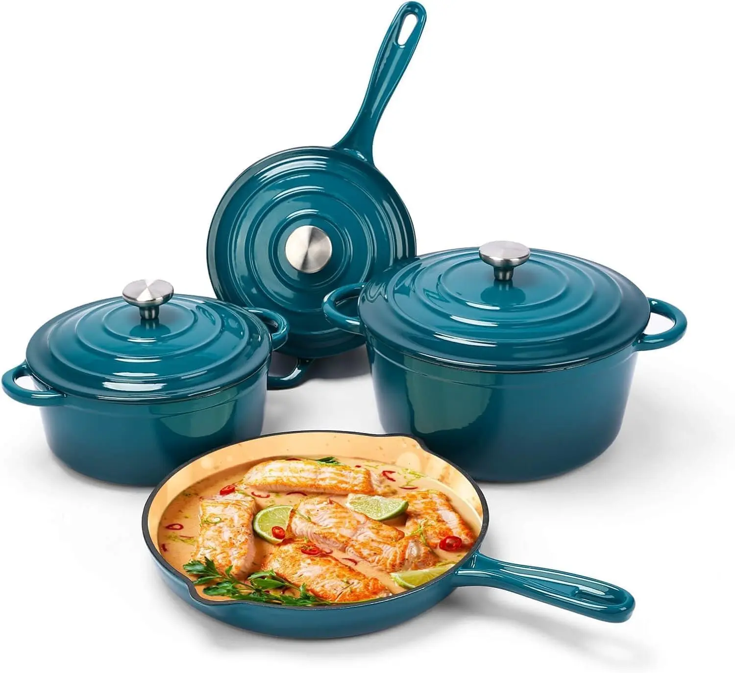 Enameled Cast Iron Cookware Set - 7 count Set of Dutch Ovens, Sauce Pan, Skillet, 3 , Dutch Oven Set, Ceramic Coated Cast Iron, Heavy Duty, Gas/Induction Compatible (Teal)