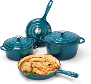 Enameled Cast Iron Cookware Set - 7 count Set of Dutch Ovens, Sauce Pan, Skillet, 3 , Dutch Oven Set, Ceramic Coated Cast Iron, Heavy Duty, Gas/Induction Compatible (Teal)