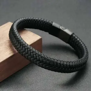 Black Leather Rope Men'S Double-Layer Leather Woven Bracelet Handmade Multi-Layer Leather Bracelet