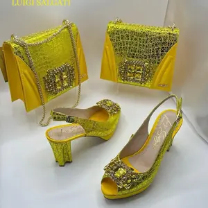 Luigi Salgati Black High-Heeled Sandals with Rhinestone Bow & Matching Handbag Set for Women