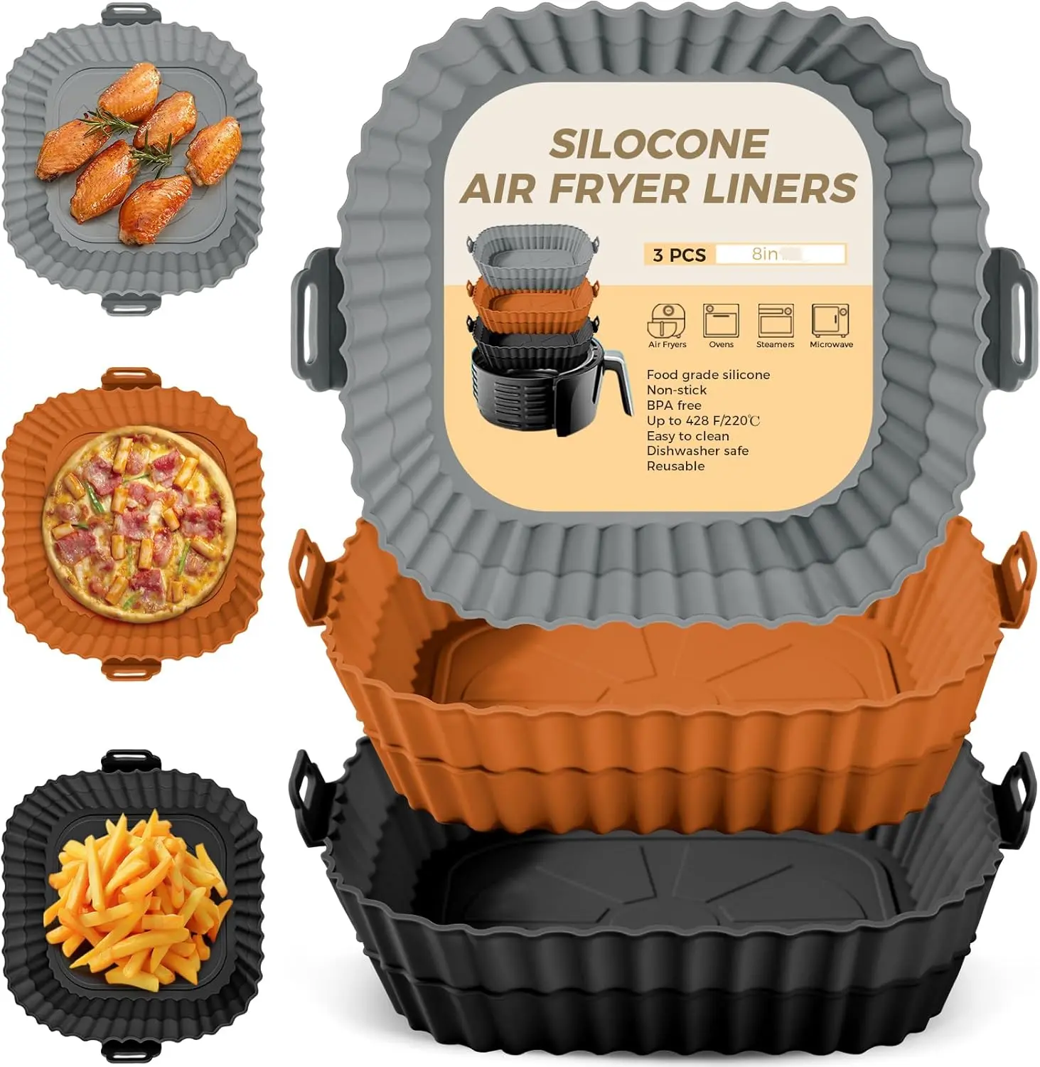 3 Pack Air Fryer Silicone Liners 8inch Air Fryer Silicone Pot Reusable Food Grade Silicone Airfryer Liners Baking Basket Accessories Replacement of Flammable Disposable Parchment Paper