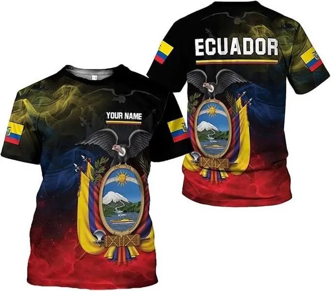 Ecuador Personalized Name Double Sided Graphic Shirt, National Coat of Arms Eagle and Flag Smoke All Over Print, Crew Neck or V-Neck T-Shirt, Unisex Ecuadorian Heritage Gift, Size S-5XL