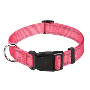 Reflective Dog Collar with Buckle Adjustable Safety Nylon Collars for Small Medium Large Dogs, Pink S