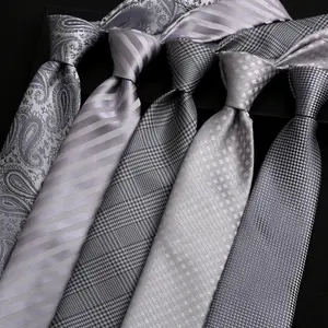 Fashion 8CM Mens Necktie Silver Light Grey Color Stripes Floral Plaid Ties For Man Groom Neck Tie For Business Wedding Party