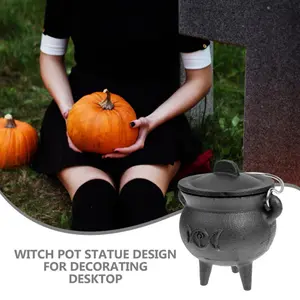 Halloween Witch Magic Cast Iron Cauldron Lidded Tripod Design With Pentagram Engraving Heat Resistant Corrosion Resistant Ritual Prop Home Decor Incense Burner