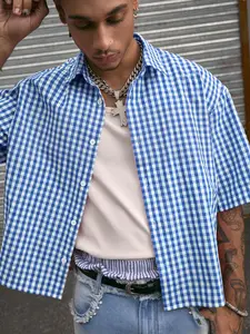Men's Casual High Street Vintage Plaid Gingham Short Sleeve Shirt, Loose Fit, Perfect for Summer Vacation, Stylish and Comfortable