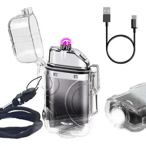 Lighter Transparent Waterproof Lighter Dual Arc Lighter with LED Flashlight,Windproof Lighter USB Lighter Flameless Plasma Lighter for Camping Hiking(ClearSilverBlack)