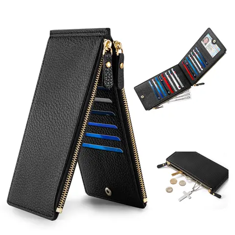 VTLASK Women's Slim Pebbled Genuine Leather Bifold Wallet - 15 Slots, Zipper Pockets, RFID Shielding, Durable Wallet, Organizer, Exquisite Bifold Card Holder, Party Everyday Carry Accessory for Women