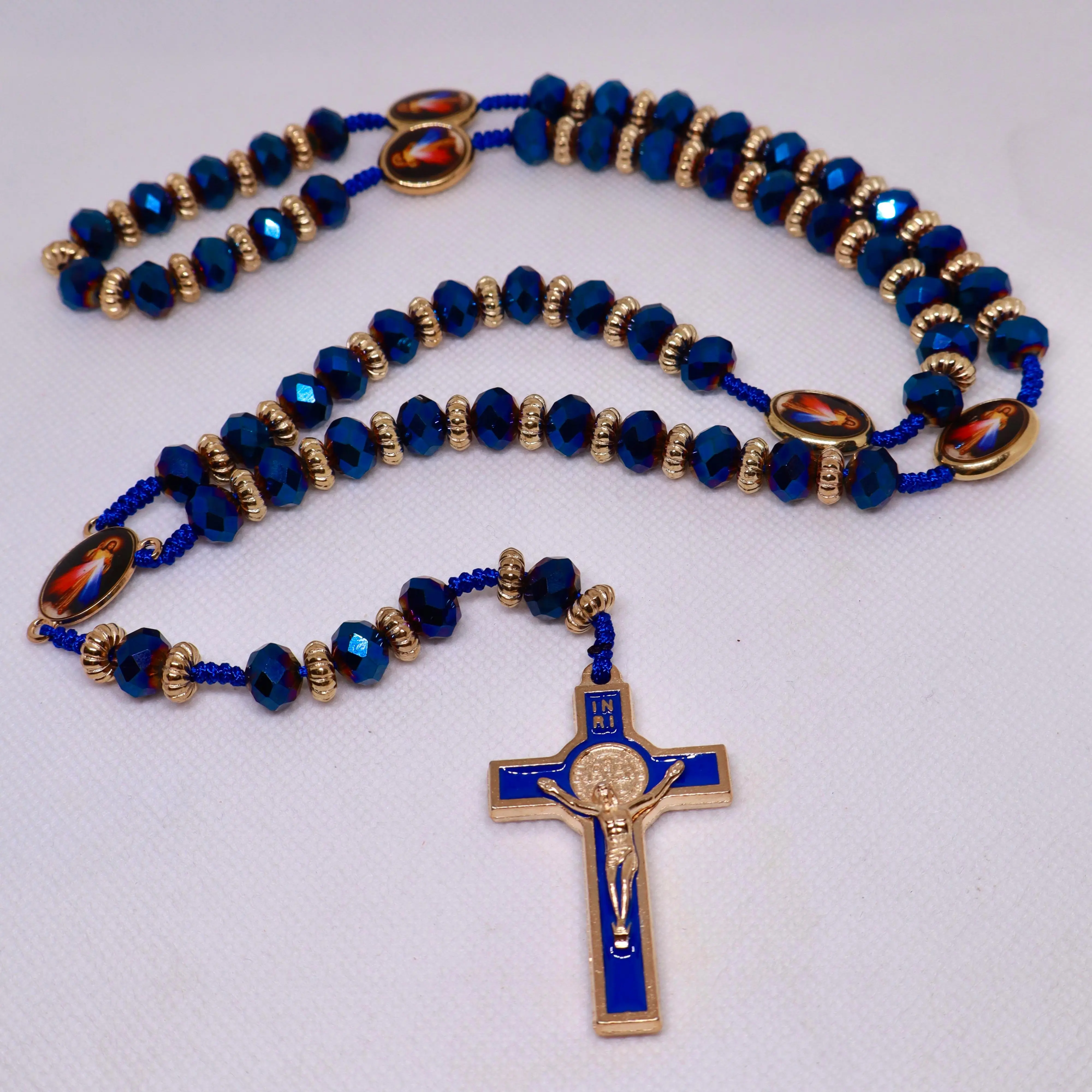 Royal Blue Divine Mercy Rosary Necklace Gold Crucifix Prayer Beads