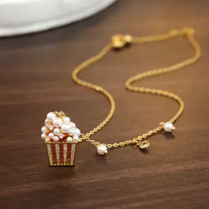 Popcorn Bucket Pendant Necklace with Imitation Pearls & Cubic Zirconia, 18K Gold Plated Copper Hypoallergenic Jewelry for Women, Cute Whimsical Gift for Daily Wear & Party gold jewelry