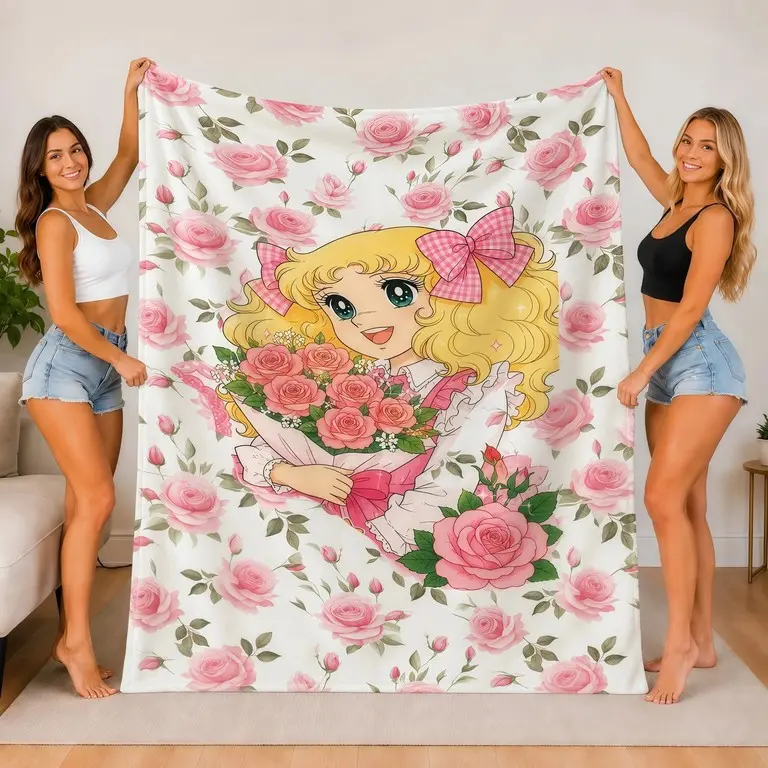 Adorable vintage Candy Candy anime flannel blanket covered with romantic pink rose prints, ultra soft warm plush fabric, lovely sweet style decor for girl bedroom, delicate holiday birthday gift for retro shoujo anime lovers