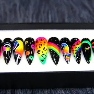 Trippy Press On Nails Black Rainbow Bold Y2K with 3D Leopard Nail Gothic