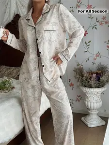Elegant casual women's knitted flower rabbit print pocket lapel button long sleeve collar pajamas and trousers comfortable breathable loungewear set, women's pajamas two-piece set, loungewear set, daily wear