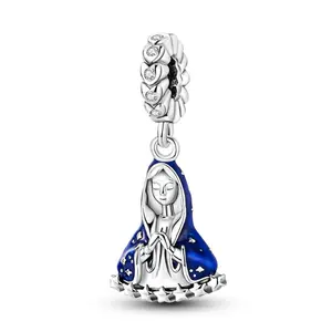 MULA 925 Silver-plated Virgin Mary Pendant | Religious Spiritual Jewelry with Zircon and Enamel | Symbol of Faith and Protection | Fits Pandora Bracelets and Necklaces | Ideal Christian Gift