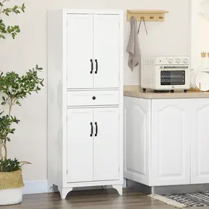 67" White 4-Door Kitchen Floor Cabinet with Drawer and Adjustable Shelves - Ideal for Dry Food, Canned Goods Storage - Perfect for Small Kitchens, Dining Rooms