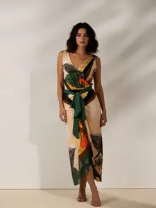 Deep V-Neck Leaf Print Swimsuit - Cream Green Orange Tropical with Side Tie Maxi Skirt