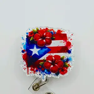 Puerto Rico Hibiscus Flowers and Flag Boricua Glitter Acrylic Retractable Badge ID Reel Belt or Alligator Clip