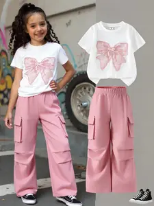 Girls' Set: Elegant Bow-Tie Tee & Cargo Pants Combo, Cute Clothing Set, Clothes Kids, Casual Sweet Style for Daily Wear, All-Season Fashion