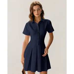 Rihoas Women's Soft Waisted Navy Button-Pleated Polyester Mini Dress - Shortsleeve, Casual Wear, Fabric Clothes, Office-Ready with Zipper