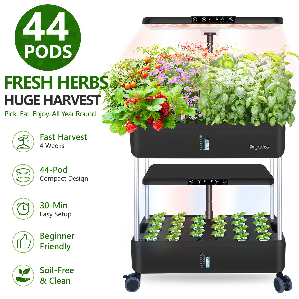 Dryades 44-Pod Hydroponics Growing System, 20L Large Indoor Herb Garden with LED Grow Light, 2-Layer Hydroponic Tower Indoor Gardening System Kit for herbs  Grow & Germination, Compact Spaces for New Gardeners and Apartments & Tiny Kitchens
