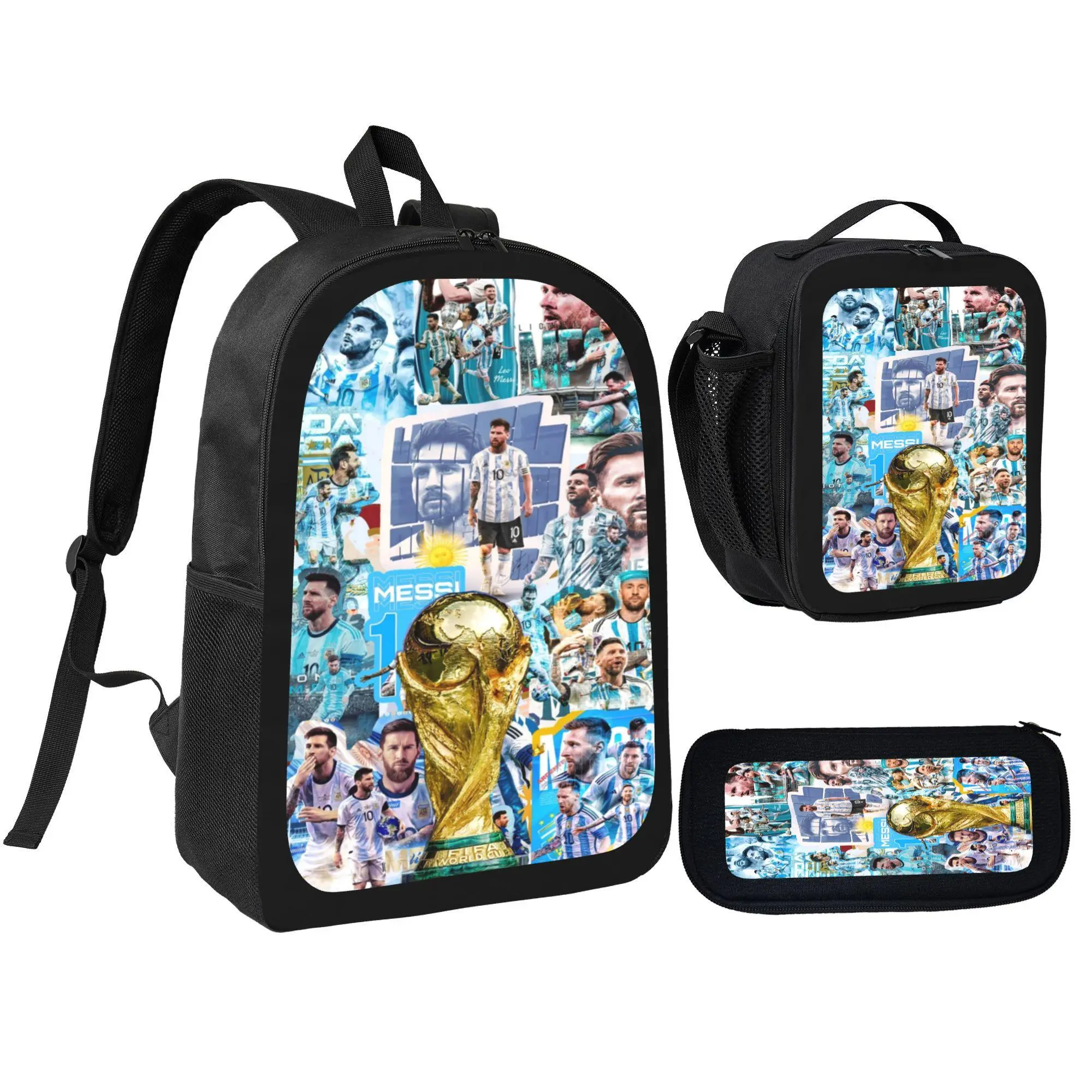 [3Pcs Set Pack] Messi Trophy Print School Backpack, Lunch Bag, Pencil Pouch for Boys Soccer Fans Students, School Fit