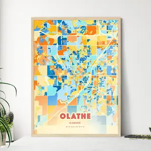 Colorful Olathe Kansas Blue Orange Fine Art Print Usa City Map Customizable Poster Unique Wall Decor Personalized Gift