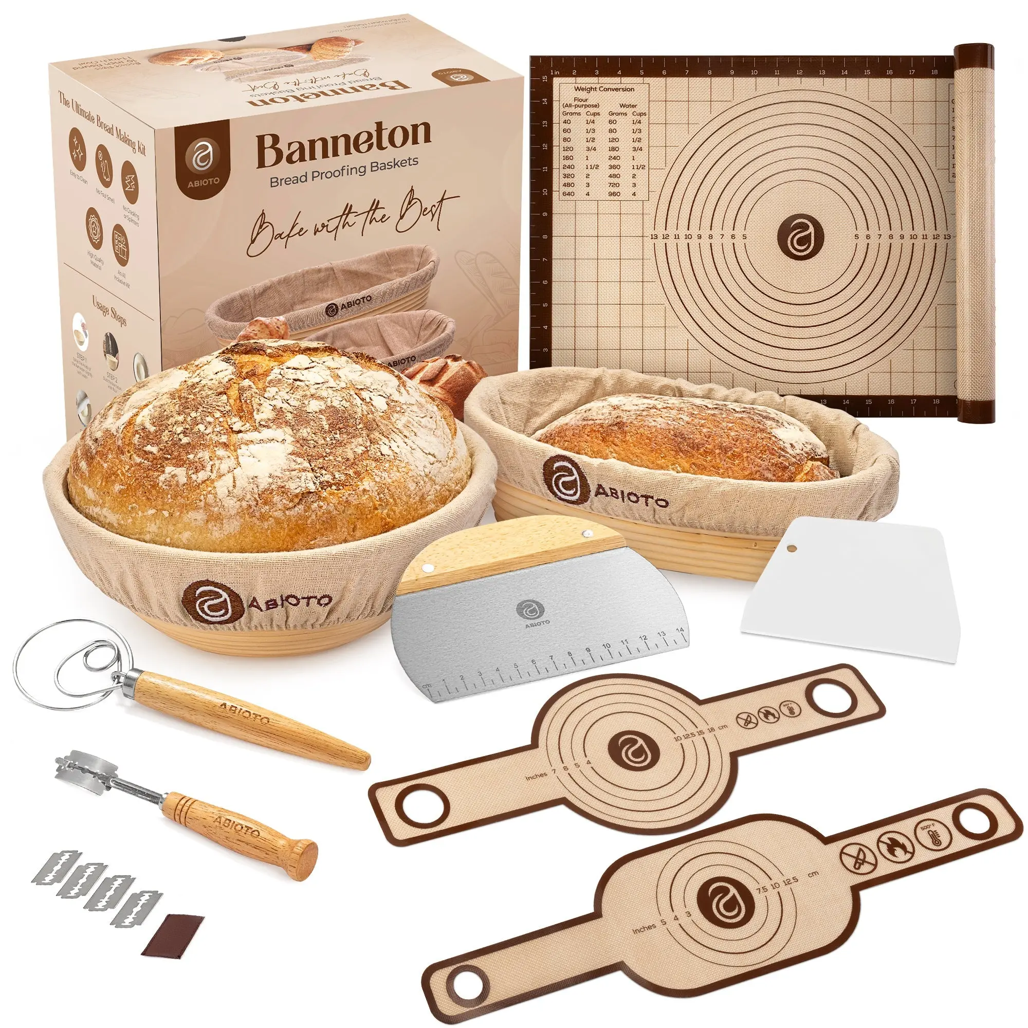 ABIOTO Extended Bread Proofing Kit with Baskets, Baking Mat, Slings, Danish Whisk & Bread Lame