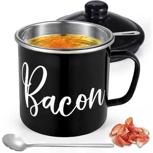 Bacon  Container with Strainer - Mini 15oz Enamel  Container, Farmhouse Bacon  Keeper For Kitchen  Storage, Dishwasher Safe- Black