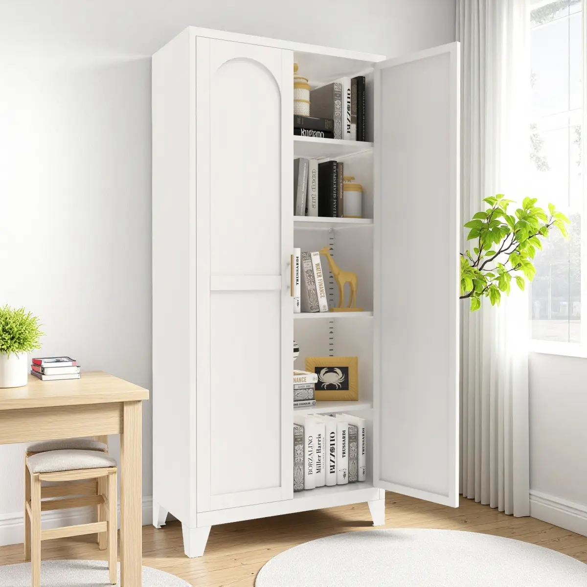 Modern Metal Storage Cabinet - Freestanding Modern Vertical Indoor Cupboard, 61"/71" Height, White/Black, 2 Stylish Doors, Adjustable Shelves, 25+ kg Capacity, Requires Setup, Stainless Steel Construction, for Bedroom,Living Room