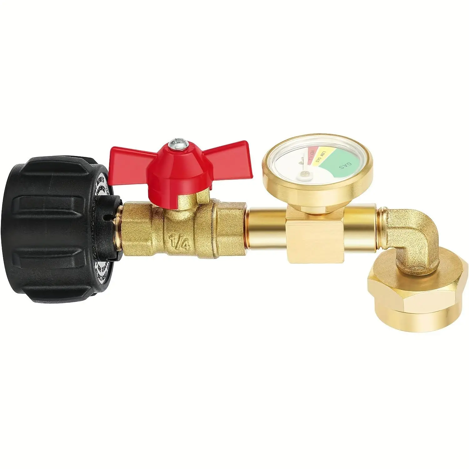 Propane Tank Gas Connector with Luminous Gauge, 90 Degree Design Brass Propane Tank Gas Connector, Outdoor Camping Kitchenware, Glow-in-the-dark Gauge