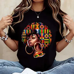 African Woman Afro Hair T-Shirt | African Print Flags & Kente Pattern Graphic Tee | Black History Month Shirt | Afrocentric Pride Gift | Casual Black Girl Magic Streetwear