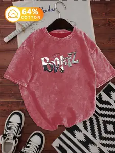 Women's Summer Cotton Graphic Tee, Vintage Bratz Letter Print Loose Fit Casual Short Sleeve Top, Fashionable & Comfortable, Womenswear Breathable Fabric