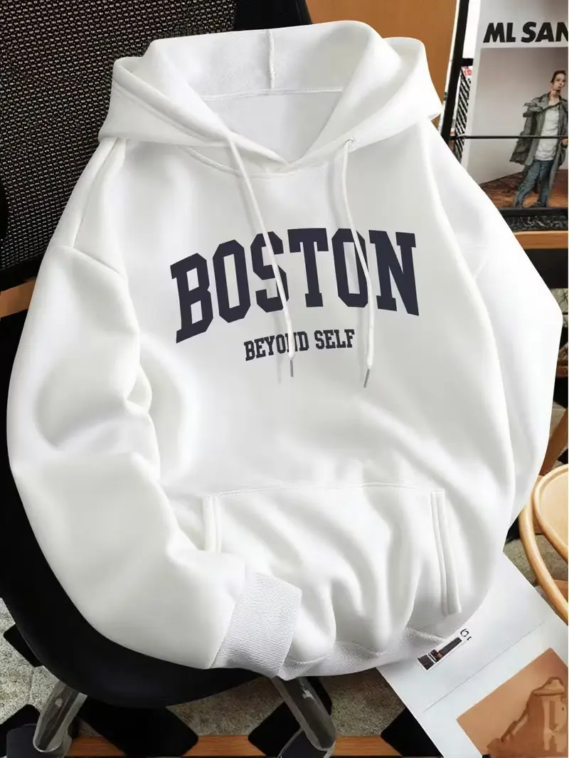 Boston Beyond Self College‑Style Chest Print Cotton Outer Fleece Lined Hoodie, Vintage Varsity Casual Pullover Hooded Sweatshirt, Daily Holiday Gift
