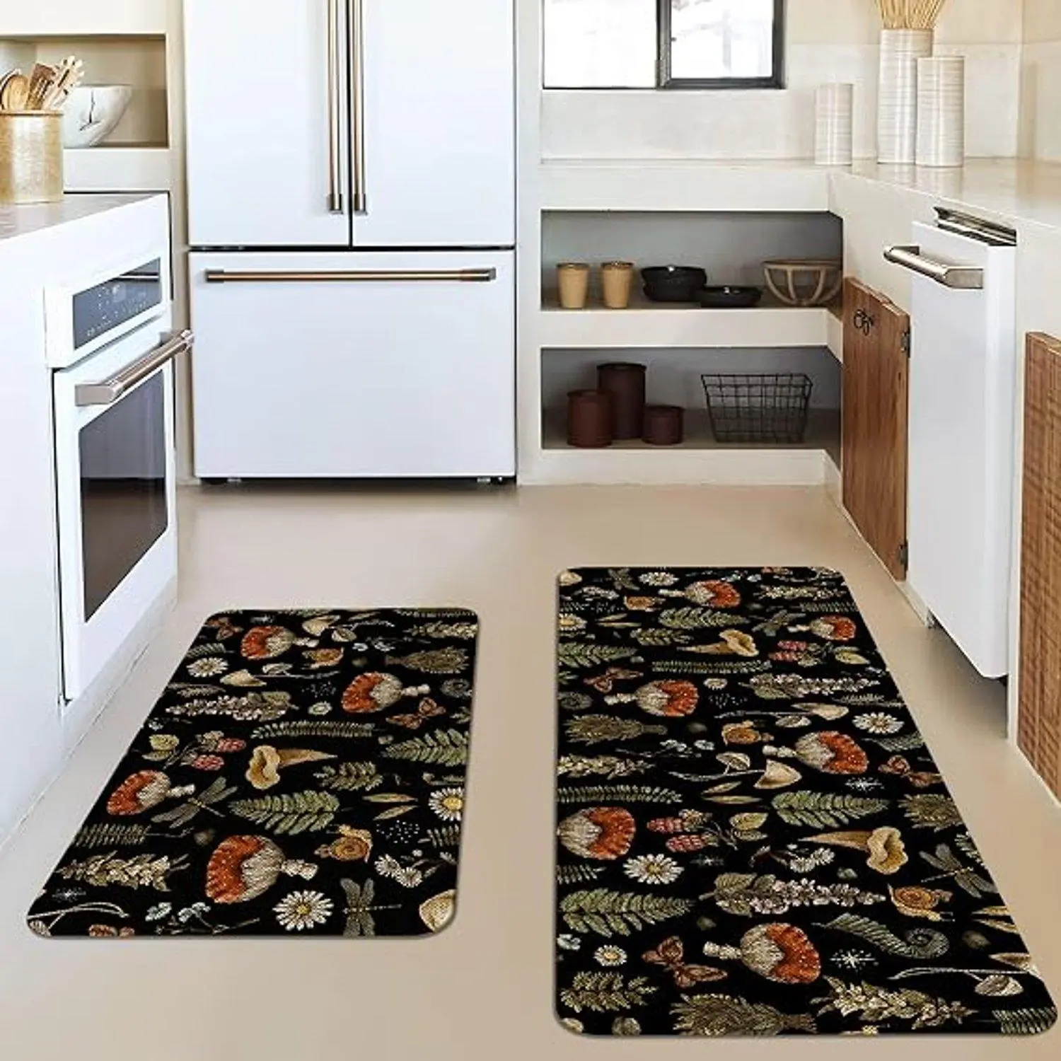 Mushroom Fern Wildflower Dark Botanical Nature Area Rugs Floor Decor Indoor Non Slip Absorbent Kitchen Runner Mat Stylish Home Interior Design Carpet