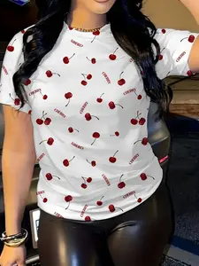 Cherry Pattern Printed Women's Casual Fitted Short Sleeve T-Shirt, Soft Round Neck Top, All-Season Comfort Tee