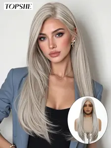 13x6 HD Transparent Lace Front Wig, Glueless Lace, 26 Inch Silver Ash Blonde Layered Straight Long Wig, Heat Resistant Synthetic Fiber Hair, Comfortable & Breathable Wig Cap, Exquisite Knotting, Suitable for Daily Wear, Versatile for Women