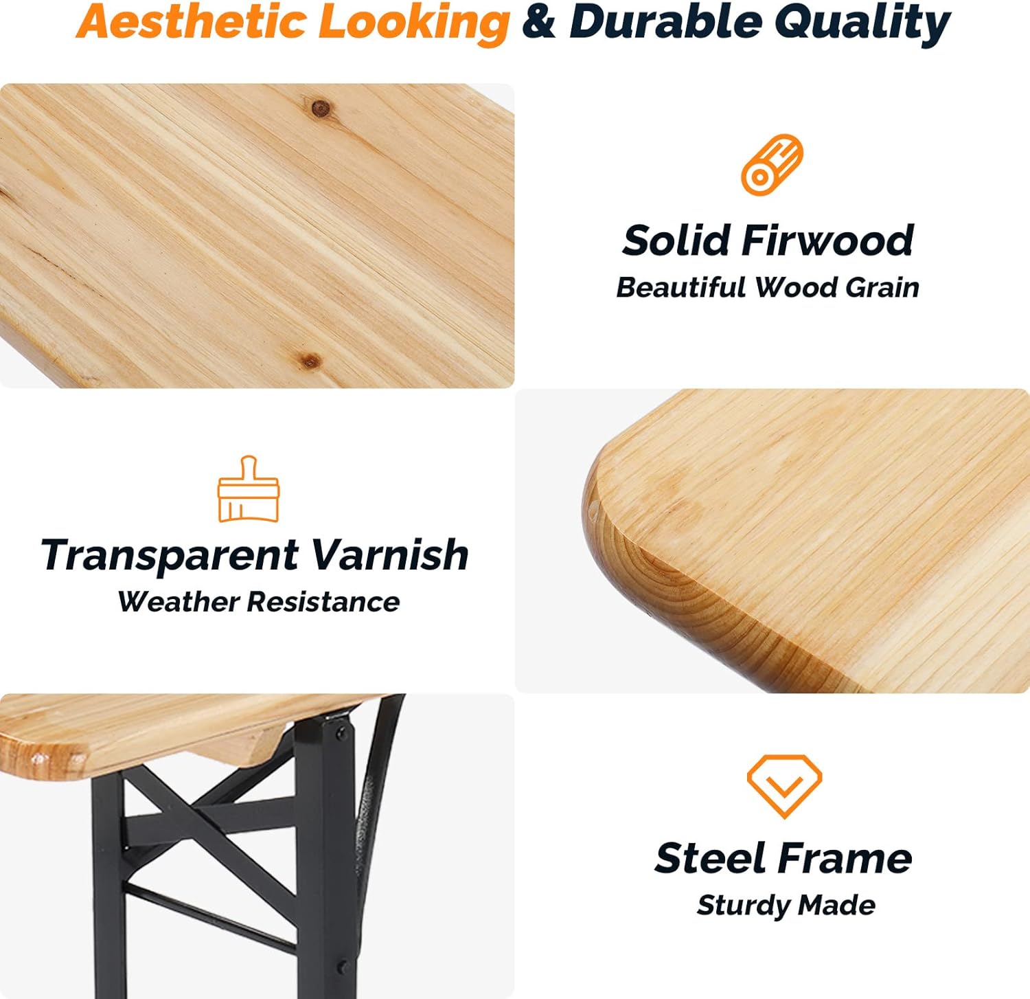 Karlhome 3pcs 4/6FT Folding Picnic Tables with Benches Set, Weather-Resistant Wooden Beer Garden Table Bench, 3-Piece Portable Fold Up Camping BBQ Table w/Carrying Handles,Natural Wood Color