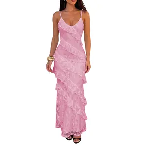 HOCILLE Lady's Snatched Floral Lace V-Neck Ruffle Stretchy Mesh Bodycon Maxi Dress - Shapewear Fit Formal Long Gown, Prom 2026, Wedding Guest, Graduation, Birthday Occasions, Prom Dresses