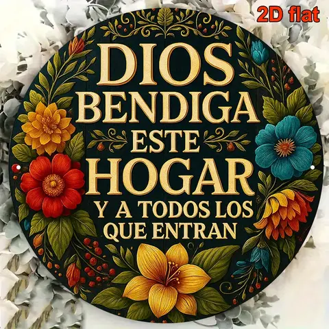 1pc Aluminum Metal Religious Spanish Prayer Plaque "Dios Bendiga Este Hogar"-God Bless This House, Vintage Round Folkart Flowers Bold Gold Blessing Fadesafe Wall Decor, 8/12in Pre-Drilled Holes Easy Setup, Home Decor for Entryway, Wardrobe, Balcony